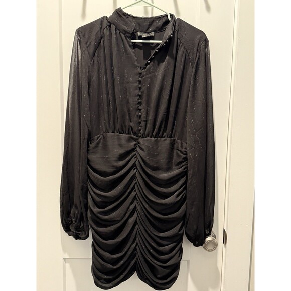 House Of Harlow 1960 Lurex Metallic Ruched Mini Black Sheer Sleeves Dress 10 - Picture 2 of 7